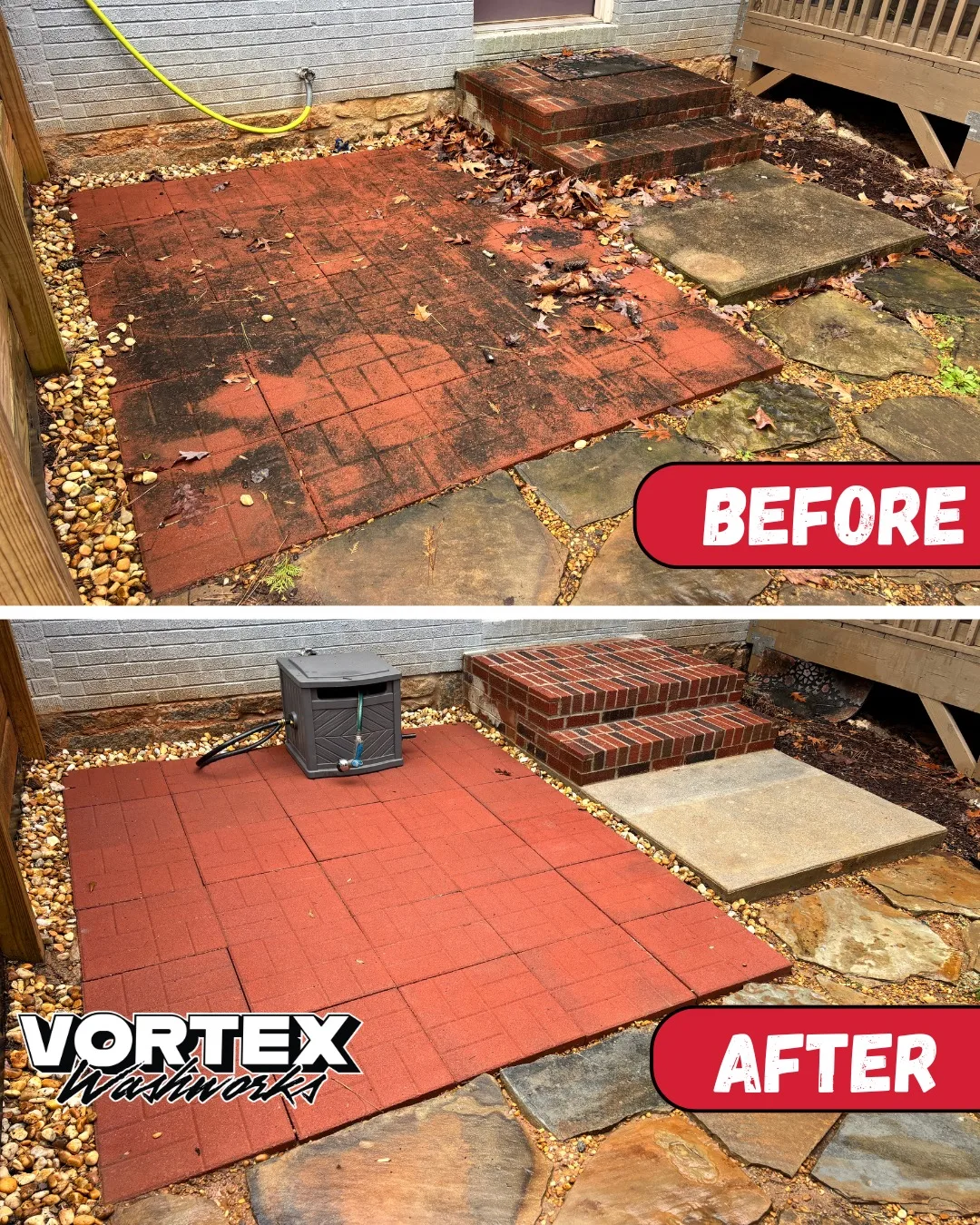 Red paver patio pressure washing before and after in Decatur, GA